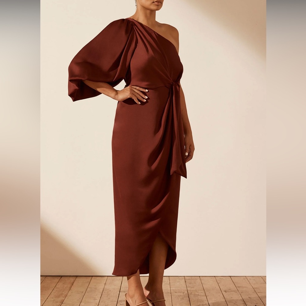 Shona Joy Luxe Tie Front One Shoulder Satin Midi Dress Sangria Red Size 10
